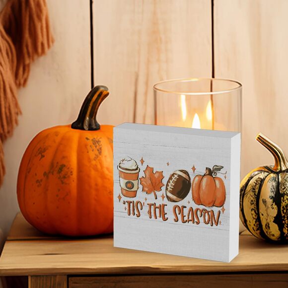 Rustic Tis the Season Pumpkin Wood Box Signs 5x5 Fall Farmhouse Décor - Picture 5 of 6